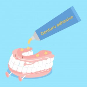 Animation of denture and denture adhesive being applied. 